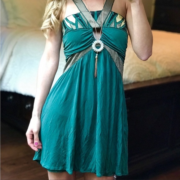 MARCIANO dark green SILK dress - Picture 3 of 9